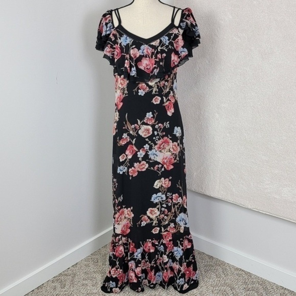 WHBM Floral Maxi Dress 6 Black Pink Cold Shoulder Ruffle Cottagecore Whimsigoth - Picture 2 of 13